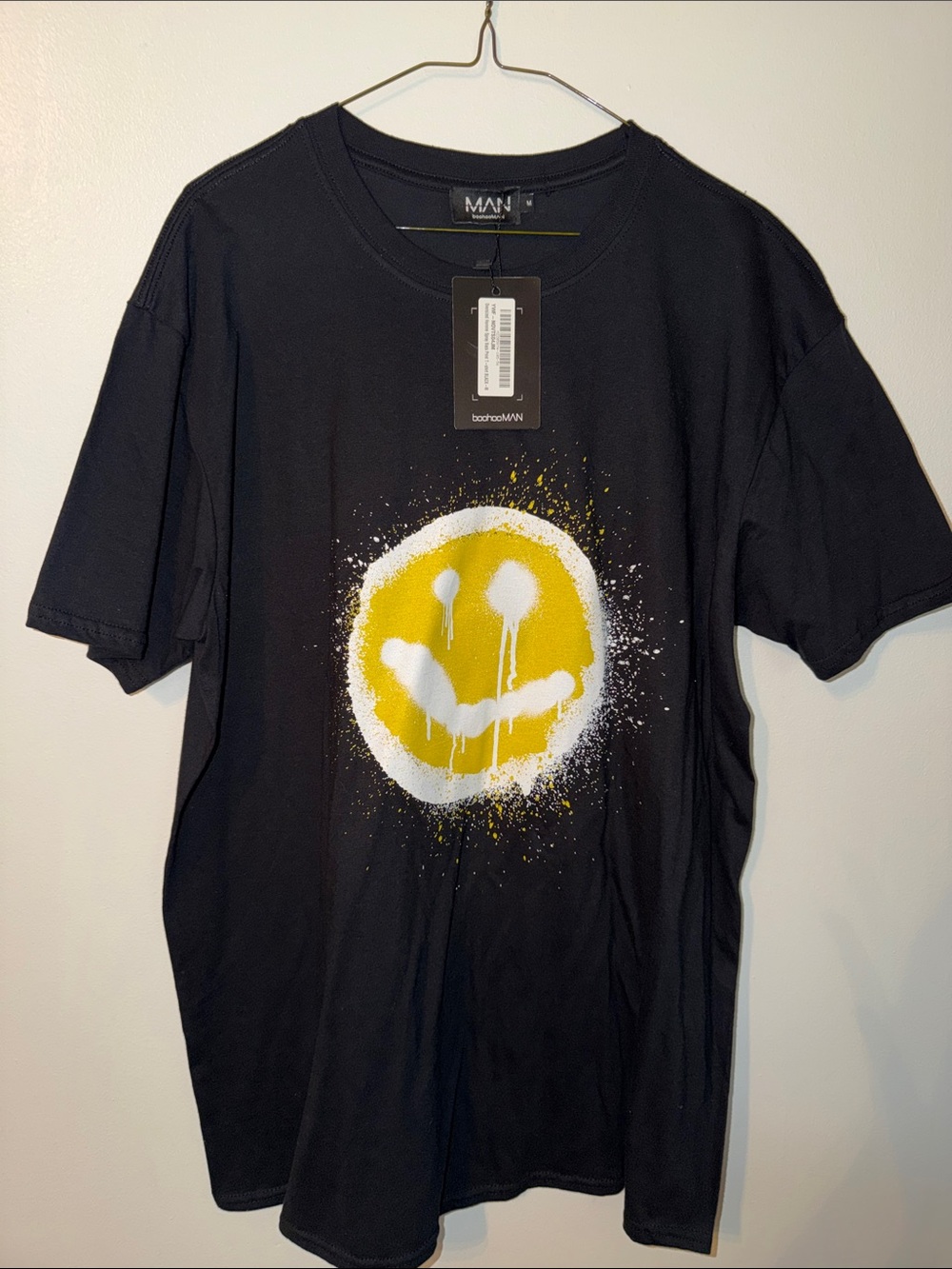 Boohoo Mens Black Tee with Yellow Drip Smiley